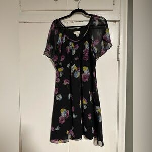 LOFT floral chiffon flutter sleeve dress black romantic size 8